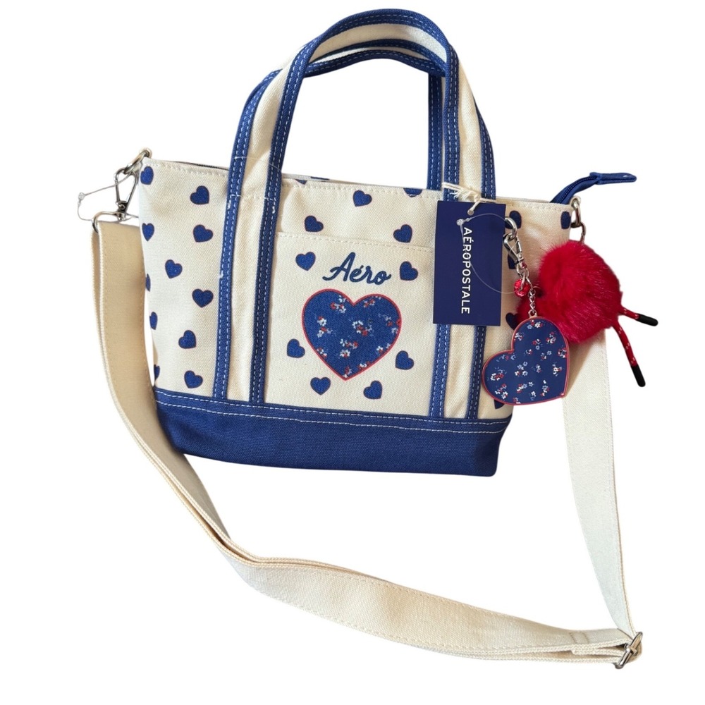Aero Blue Heart Print White Canvas Small Tote Crossbody Bag Blue Heart Red Charm